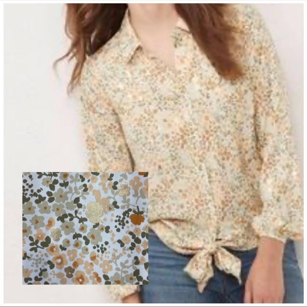 LC Lauren Conrad Earth Tone Floral Metallic Button Down Tie Front Blouse Size S